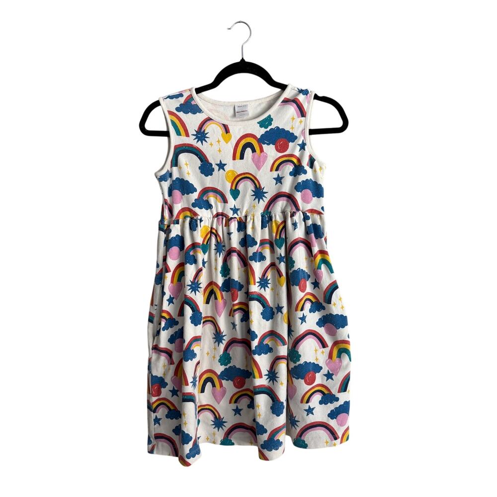 Hanna Andersson Sz 12 Sleeveless Skater Dress Rainbow Print White Pockets